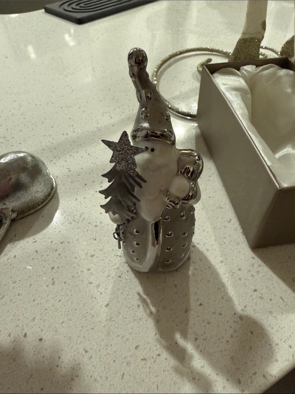 Pier 1 Silver Metallic Santa Gnome Figurine with Tree